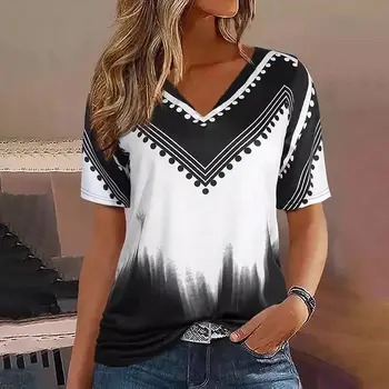 Летняя женская футболка с V-образным вырезом и короткими рукавами, 3D галстук-краситель, модный геометрический пуловер, женский топ, повседневная уличная одежда Y2K