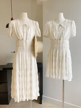 Женское летнее шифоновое плиссированное платье с коротким рукавом Lady Chic, однотонное длинное платье трапециевидной формы с круглым вырезом и кружевным воротником