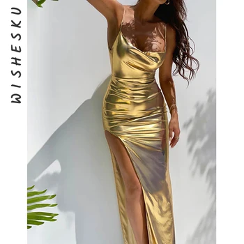 Сексуальное облегающее макси-платье на бретельках с открытой спиной, женское серебристо-металлическое платье для вечеринки в ночном клубе, Vestido 2023, летняя одежда для подиума