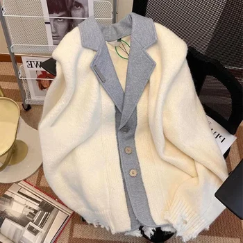 Кардиган, женские свитера, V-образный вырез, однотонный длинный рукав, поддельные двойки, ретро дизайн, Harajuku, повседневный вязаный свитер, пальто, одежда