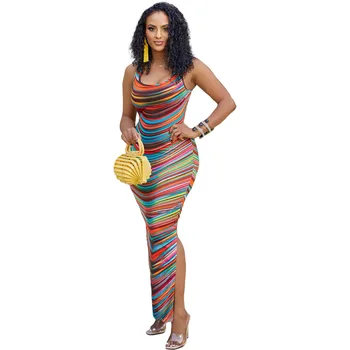 Африканское Макси-платье, Женское платье на бретельках, со шнуровкой и открытой спиной, Летние Новые Цвета, Полосатый Принт, Сексуальное Африканское платье для пляжного отдыха