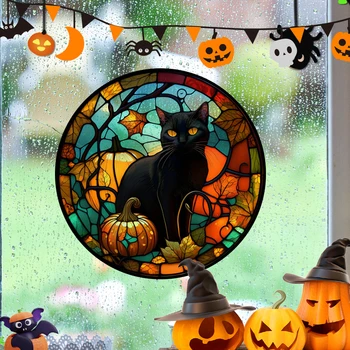 Хэллоуин, окрашенный красочным кошачьим замком ужасов, Статические наклейки на оконное стекло из ПВХ, декоративная пленка без клея, украшение для вечеринки, дома