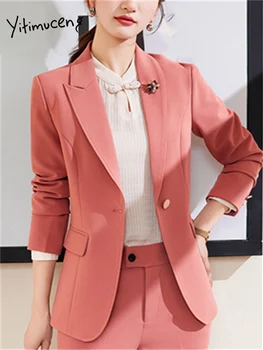 Розовые костюмы Yitimuceng для женщин 2023, Новая мода, Офисный блейзер с отложным воротником на одной пуговице, Брючные костюмы с высокой талией, комплекты