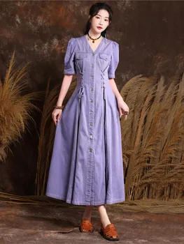 Женское приталенное джинсовое платье в стиле ретро 2023, новое летнее повседневное платье на завязках с V-образным вырезом и коротким рукавом на пуговицах
