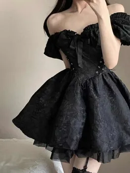 2023 Летнее черное готическое мини-платье, женское вечернее платье с коротким рукавом, женское повседневное облегающее кружевное пляжное платье, женский шикарный