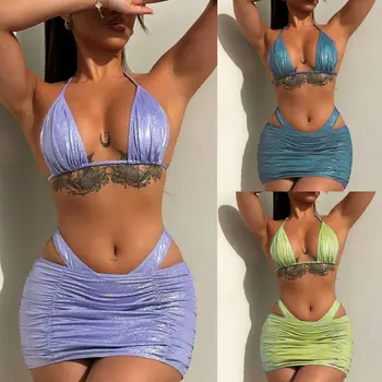 Женский купальник-бикини, купальники-тройки, прикрывающие сексуальную пляжную одежду с пайетками и низкой талией, новый бразильский пляжный купальник 2023 года выпуска