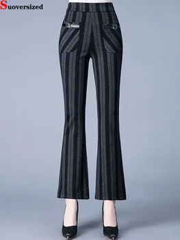 Элегантные толстые брюки большого размера с эластичной талией, зимние утепленные клетчатые плюшевые брюки-клеш, офисные теплые шерстяные Женские тонкие брюки