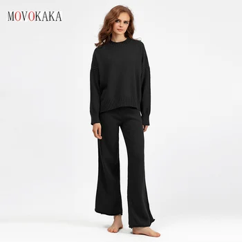 MOVOKAKA / Осенне-зимний новый женский свитер, вязаный комплект, Повседневные свободные пуловеры, свитер, топ, Широкие брюки, костюмы, комплекты из двух предметов