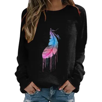 Женская толстовка с принтом из перьев, повседневный свободный пуловер с круглым вырезом, весенне-осенняя толстовка, уличная одежда без капюшона