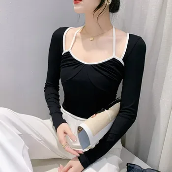 Короткий женский топ с длинным рукавом на подкладке и вырезом горловины, Темпераментная футболка с высокой талией, топы женской одежды