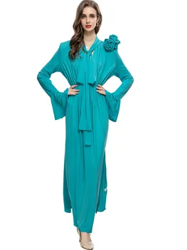 QQ8045 Модное платье-шарф с объемным цветочным расклешенным воротником и длинным рукавом цвета озерно-голубого моря европейской и американской осени и зимы