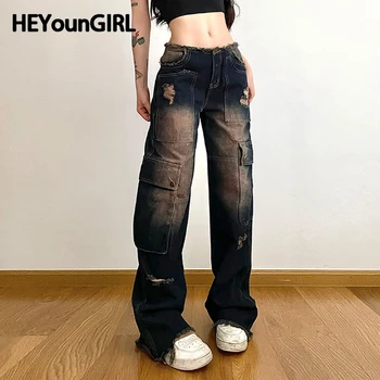 Джинсы HEYounGIRL в Американском ретро стиле с низкой талией, Корейские брюки-карго с рваными карманами в стиле харадзюку, модные Джинсовые брюки Y2K в стиле хип-хоп, Гранж