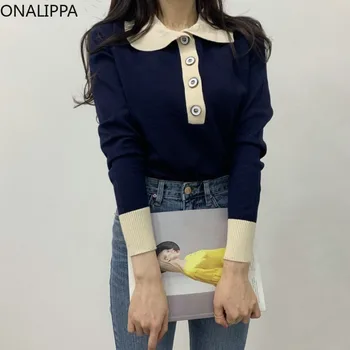 Onalippa Винтажный Контрастный вязаный пуловер с отложным воротником и длинными рукавами, полосатый свитер, Корейская мода, Шикарный дизайн, Свитера
