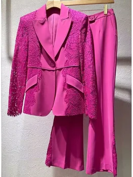 Последний Новый модный дизайнерский брючный костюм для подиума, блейзер с кружевными рукавами, женская приталенная куртка в стиле пэчворк, брюки-клеш, комплект из двух предметов