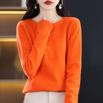 Весенне-осенний Новый Бесшовный Однотонный Готовый к носке женский пуловер из 100% шерсти с круглым вырезом, полый свитер для верхней части тела, мягкий топ