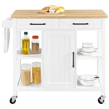 Передвижной кухонный остров Easyfashion, кухонная тележка на запирающихся колесах с местом для хранения, белая универсальная тележка, кухонная тележка
