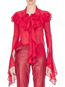 Женские красные топы, однотонная повседневная рубашка для вечеринок с длинным рукавом и оборками, весенне-летняя рубашка