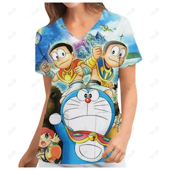 Униформа аптечной медсестры с милым принтом Doraemon, Рабочая одежда врача больницы, Униформа для хирургии полости рта, Медицинский топ