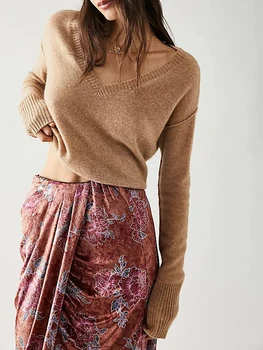 Новый модный женский однотонный вязаный свитер с V-образным вырезом и длинным рукавом, свободные пуловеры, весенне-осенние повседневные джемперы, уличная одежда, горячая распродажа