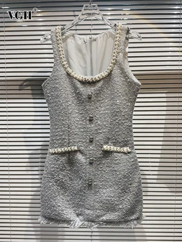 Женское платье VGH с жемчугом в стиле пэчворк, круглый вырез, без рукавов, Высокая талия, необработанный подол, Темпераментные платья трапециевидной формы, женская мода