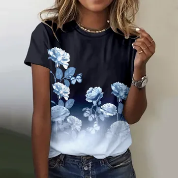 Подходящие топы для женщин, Модные футболки для летних каникул с круглым вырезом и коротким рукавом с цветочным принтом, Женские рубашки с длинным рукавом