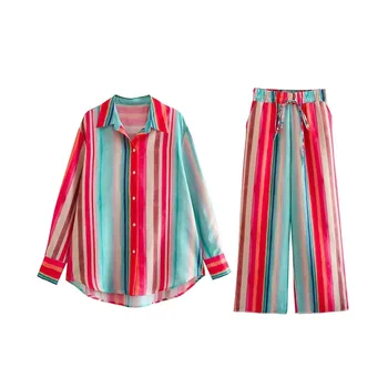 Новинка осени SuperAen 2023, свободная рубашка в цветную полоску в европейском и американском стиле, льняные прямые брюки, женский комплект