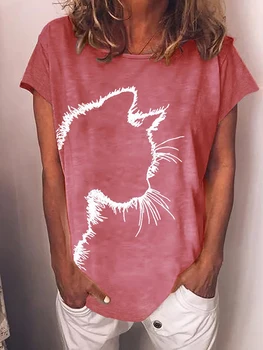 Новинка 2022, винтажная женская футболка с цветочным принтом, Летние повседневные свободные топы с круглым вырезом и коротким рукавом, Размер женской футболки с мультяшным котом