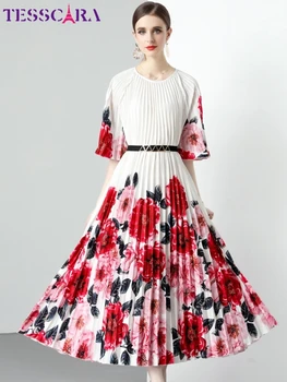 Женское Длинное Элегантное платье с цветочным рисунком, Высококачественный Плиссированный халат для коктейльной вечеринки с расклешенными рукавами, Дизайнерское Вечернее платье Vestidos