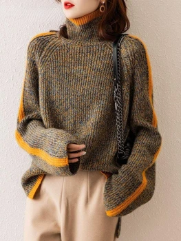 Модные женские свитера Осень Зима, вязаный свободный пуловер с ленивым ветром, водолазка с длинным рукавом, женский топ с длинным рукавом Оверсайз