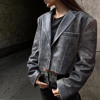 23AW Повседневная женская винтажная куртка из натуральной кожи Уличный стиль Мотоцикл Негабаритный женский блейзер Дизайнерская верхняя одежда
