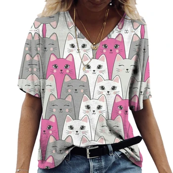 Летняя женская футболка с 3D-принтом, забавный кот, футболка для девочек, уличный Harajuku, большой V-образный вырез, модные повседневные спортивные модели