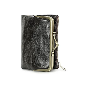 Женский кошелек из натуральной кожи, маленький кошелек на металлическом каркасе, дамский карман на засове и молнии для монет, сумки для кредитных карт.
