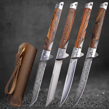 Складной нож с дамасским узором, открытый карманный нож для охоты в джунглях, самообороны, выживания в кемпинге, ручка из сандалового дерева, Волшебный перочинный нож