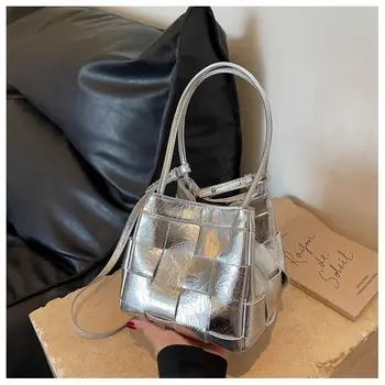 Корейская модная роскошная дизайнерская сумка-ведро из тесьмы для женщин, лето 2023, новый универсальный серебряный кошелек премиум-класса, женская сумка через плечо