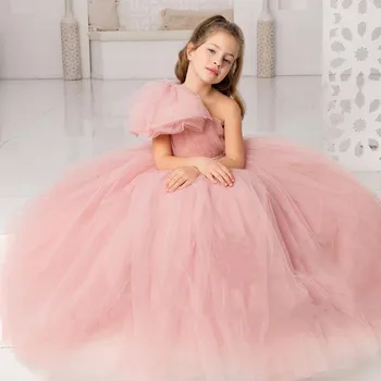 Розовые тюлевые пышные простые платья в цветочек для девочек на свадьбу, конкурс красоты, детский день рождения, бальное платье для первого причастия