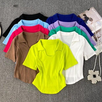 Сексуальная базовая тонкая асимметричная футболка, Корейский модный укороченный топ, футболки-поло без рукавов, женская повседневная Летняя футболка, одежда