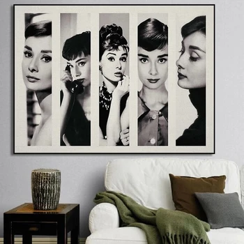 Винтажный черно-белый плакат с Одри Хепберн, Художественный коллаж, картина на холсте, Напечатанная картина, Настенное искусство, Украшение дома, Подарок