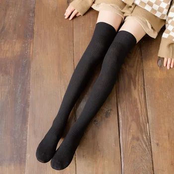 Женские чулки в японском стиле, длинные носки для школьниц в стиле колледжа, Чулки Хлопчатобумажной вязки, Однотонные чулки до бедра