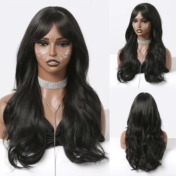 Синтетические черные длинные волнистые парики на каждый день из натуральных волос для женщин в африканском стиле с челкой, парик Лолиты для косплея, термостойкое волокно