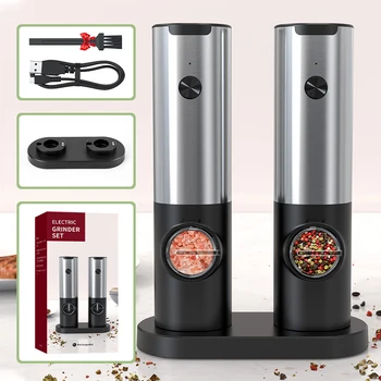 Перезаряжаемый набор электрических кофемолок для соли и перца, USB-зарядная база, Автоматическая кофемолка для специй из нержавеющей стали Со светодиодной мельницей для перца