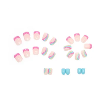 Накладные ногти Rainbow French, пригодные для носки, полное покрытие готовых накладных ногтей Нанесите на ногти клей