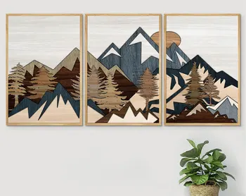 Эффект деревянной панели, вершина горного хребта, современное искусство, деревенский набор из 3 печатных полотен, плакат с изображением для украшения дома, гостиной, подарка