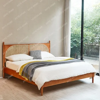 Кровать из массива дерева, Ротанговая кровать для проживания в семье, домашняя двуспальная кровать в стиле Ретро, современная минималистичная кровать из ротанга