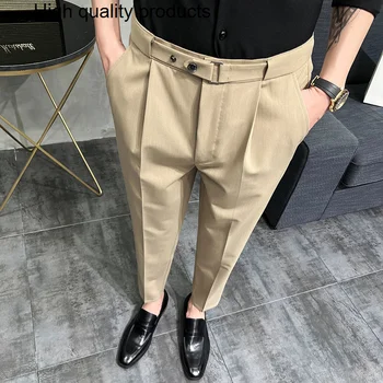 Весенние Мужские брюки 2024 года в Корейском стиле, Приталенная Повседневная Уличная одежда длиной до щиколоток, высококачественное Черно-серое платье, Мужской костюм, брюки