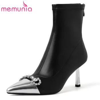 MEMUNIA/ 2023, новые модные ботильоны на молнии со стразами, синтетические зимние ботинки с острым носком, разноцветные туфли на тонком высоком каблуке