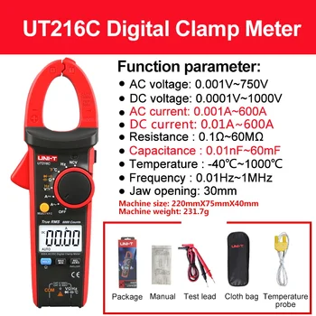 UNI-T UT216C 600A Цифровой Клещевой Измеритель Переменного тока Постоянного Тока Мультиметр Постоянного Тока Амперметр Частота Емкость Температура NCV Тест