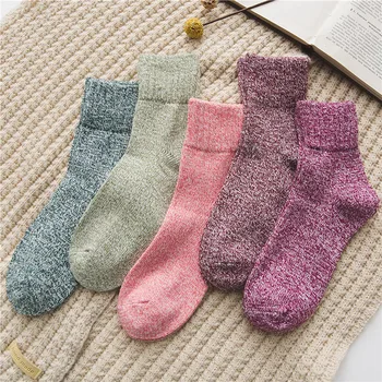 5 Пар Осенне-зимних утолщенных теплых женских носков с петлями, однотонные Универсальные повседневные шерстяные носки Sokken средней длины для дам