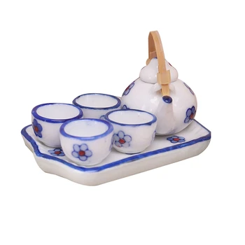 Миниатюрный набор чайных чашек в японском стиле 1:12 /6 шт. Керамическая посуда, Чайник, Кухонные принадлежности для кукольного домика