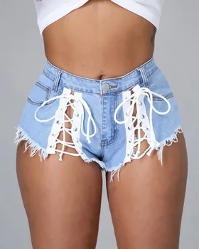 Летние сексуальные женские джинсовые шорты Модные женские однотонные мини джинсовые брюки с открытой спиной и кисточками