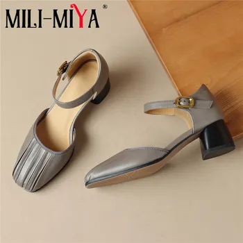 MILI-MIYA Classic Mary Janes Женские туфли-лодочки из натуральной кожи с круглым носком на толстом каблуке и ремешком с пряжкой, верхняя Повседневная уличная обувь
